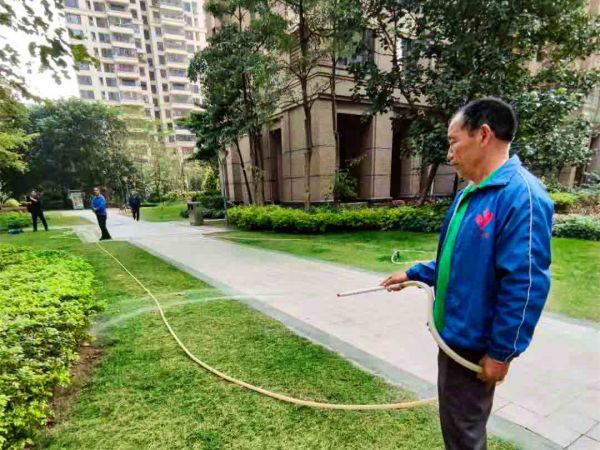 绿化公司工人对植物浇水灌溉