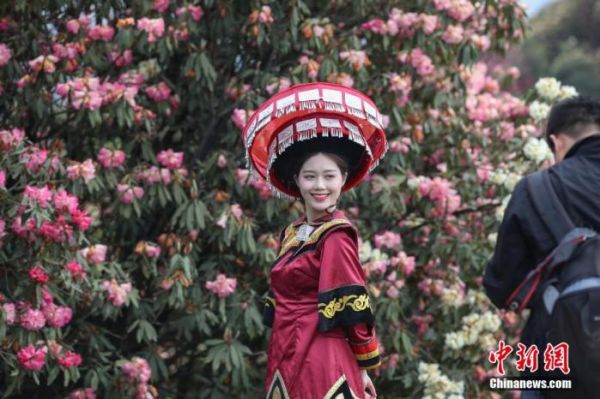 4月1日，游客穿着少数民族服装在百里杜鹃景区拍照。近日，贵州省毕节市百里杜鹃风景名胜区迎来最佳赏花期，吸引众多游客前来观赏游玩。该景区是迄今为止中国已查明的面积最大的天然杜鹃林带。瞿宏伦 摄