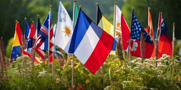 A vibrant display of international flags set amidst a flourishing garden of wildflowers and herbs, symbolizing global unity and the healing power of nature's remedies.