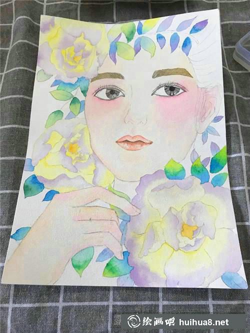 美人如花水彩画