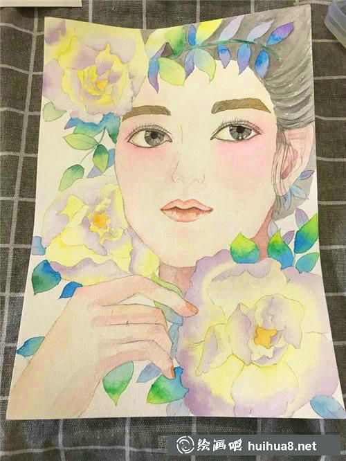 美人如花水彩画