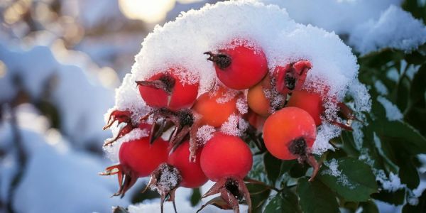 The image highlights vibrant rose hips dusted with snow, symbolizing their resilience and natural potency as a winter wellness remedy.