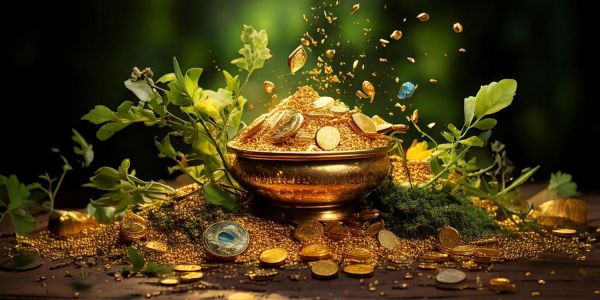 A mesmerizing image showcasing a golden bowl overflowing with coins, surrounded by lush herbs symbolizing prosperity and abundance in harmony with nature.