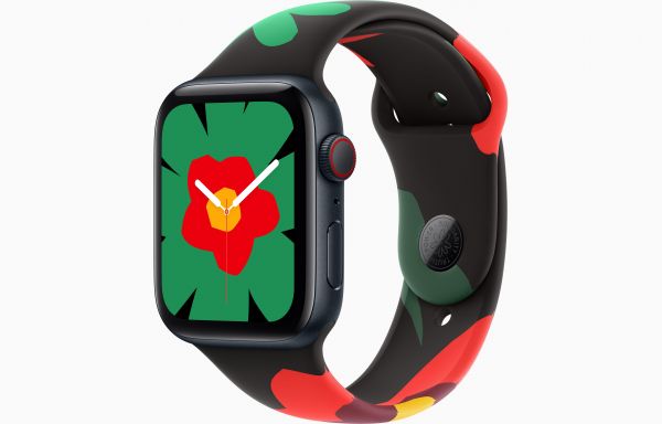 Apple Watch SE (GPS + 蜂窝网络)；44 毫米午夜色铝金属表壳；Black Unity 运动型表带 - 团结之花-1