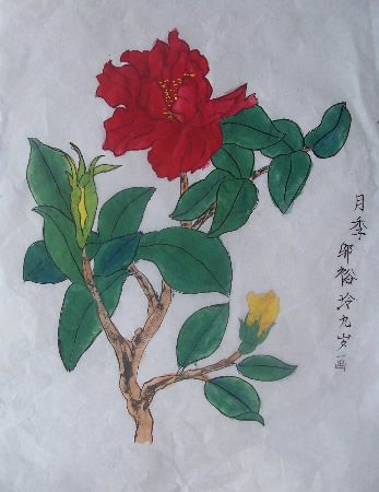 艳丽的月季花,儿童国画,月季花儿童画